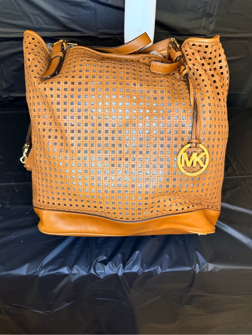 Michael Kors Perforated Leather Shoulder Bag in Cognac/Tan with Gold MK Charm